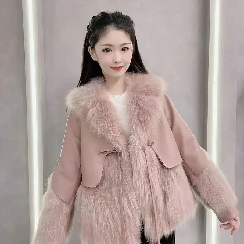 2022 Autumn And Winter New Fashion Slim Fit Panel Faux Fur Coat Short Plush Jacket Coat Women's Trend