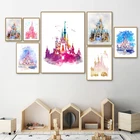 Постеры и принты волшебного замка для девочек, сказочная принцесса, акварельная картина на холсте, детская комната