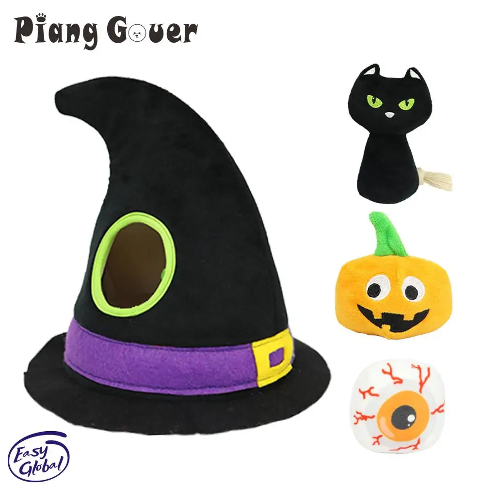 

Halloween Dog Grinding Puzzle Sound Doll New pet hat sounding toy Pumpkin Eyes Black Cat Plush Dog Toy Interactive Play Gift