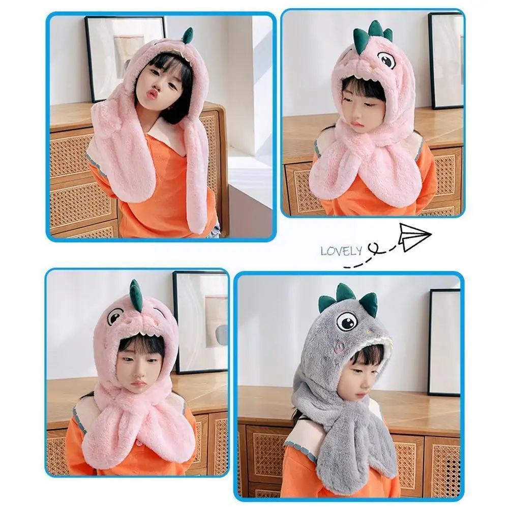 

Детская шапка с мультяшным динозавром, плюшевая шапка на осень и зиму, шапка с капюшоном и сплошной нагрудник для мужчин, теплый детский жен...