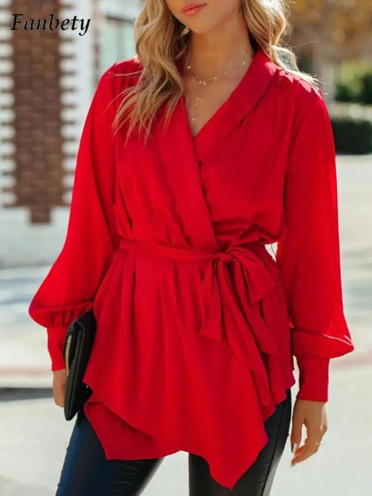 

Women Elegant Solid V Neck Satin Blouse Shirts 2022 Spring Casual Lace-up Bow Tops Summer Office Lady Fashion Long Sleeve Blusa