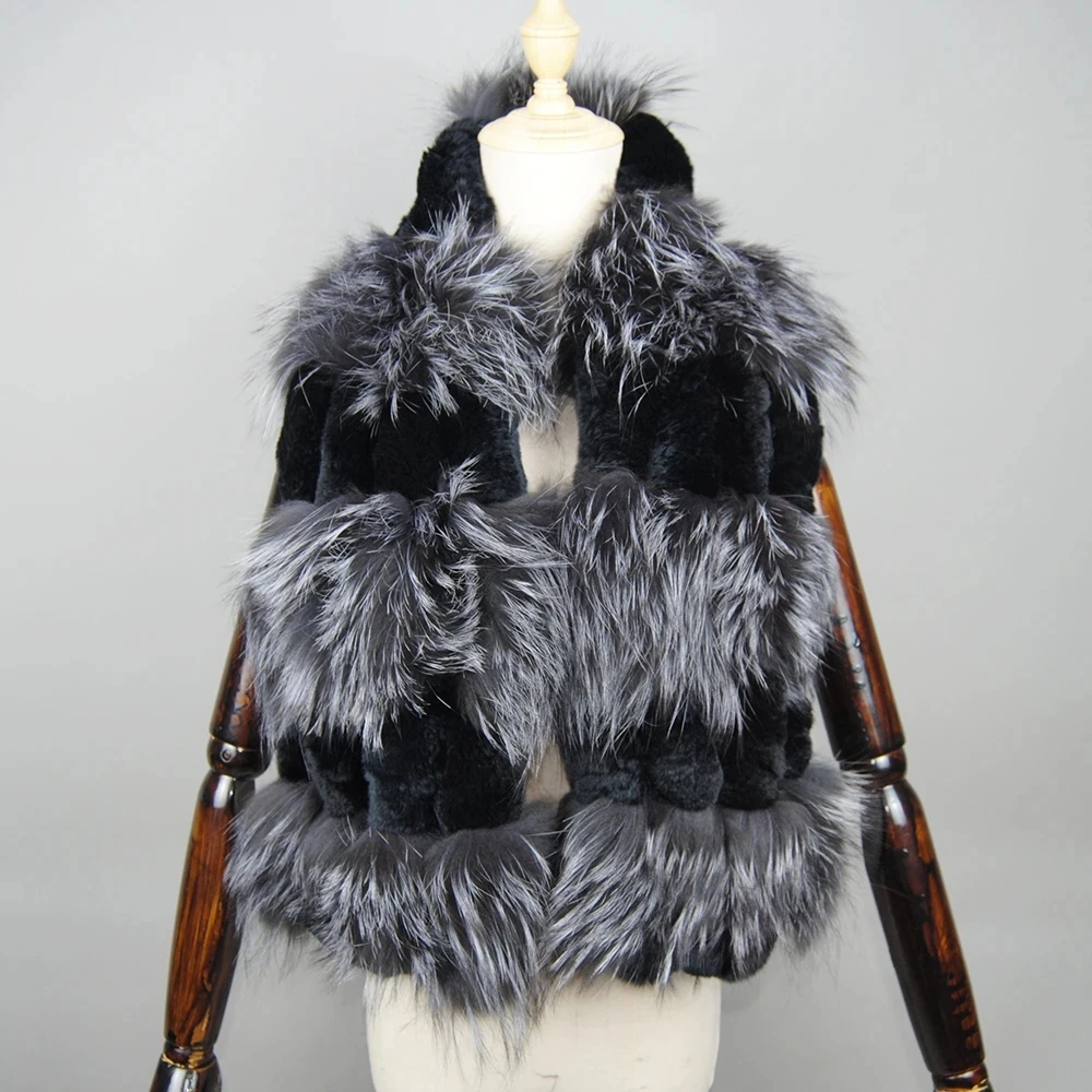 Зимний вязаный шарф из меха кролика рекс с серебряным лисьим мехом женские