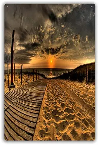

Металлические жестяные знаки Настенный декор пляж песок дорога следы забор солнце вечернее небо ухудшение облака картины на стену