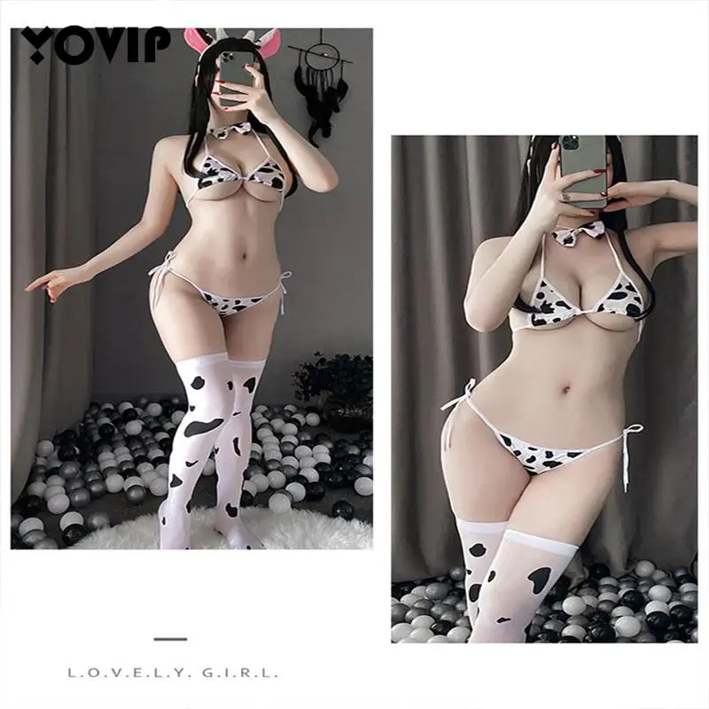 

Cow Sexy Cosplay Costume Maid Swimsuit Anime Bikini Set Bra and Panty Stocking