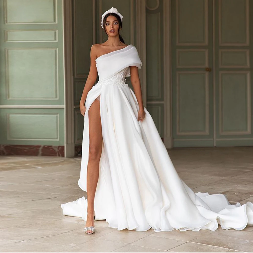 

Beach Wedding Dress One Shoulder Bow Back Boho Bride Gowns Sexy High Side Slit Bridal Dresses Wedding Party Gowns