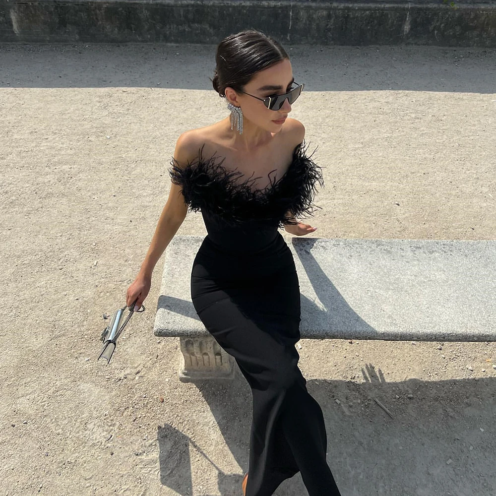 

BEVENCCEL Sexy New In Summer Split Strapless Feather Knitted Bandages Dress for Women Elegant Evening Party Bodycon Dresses 2023