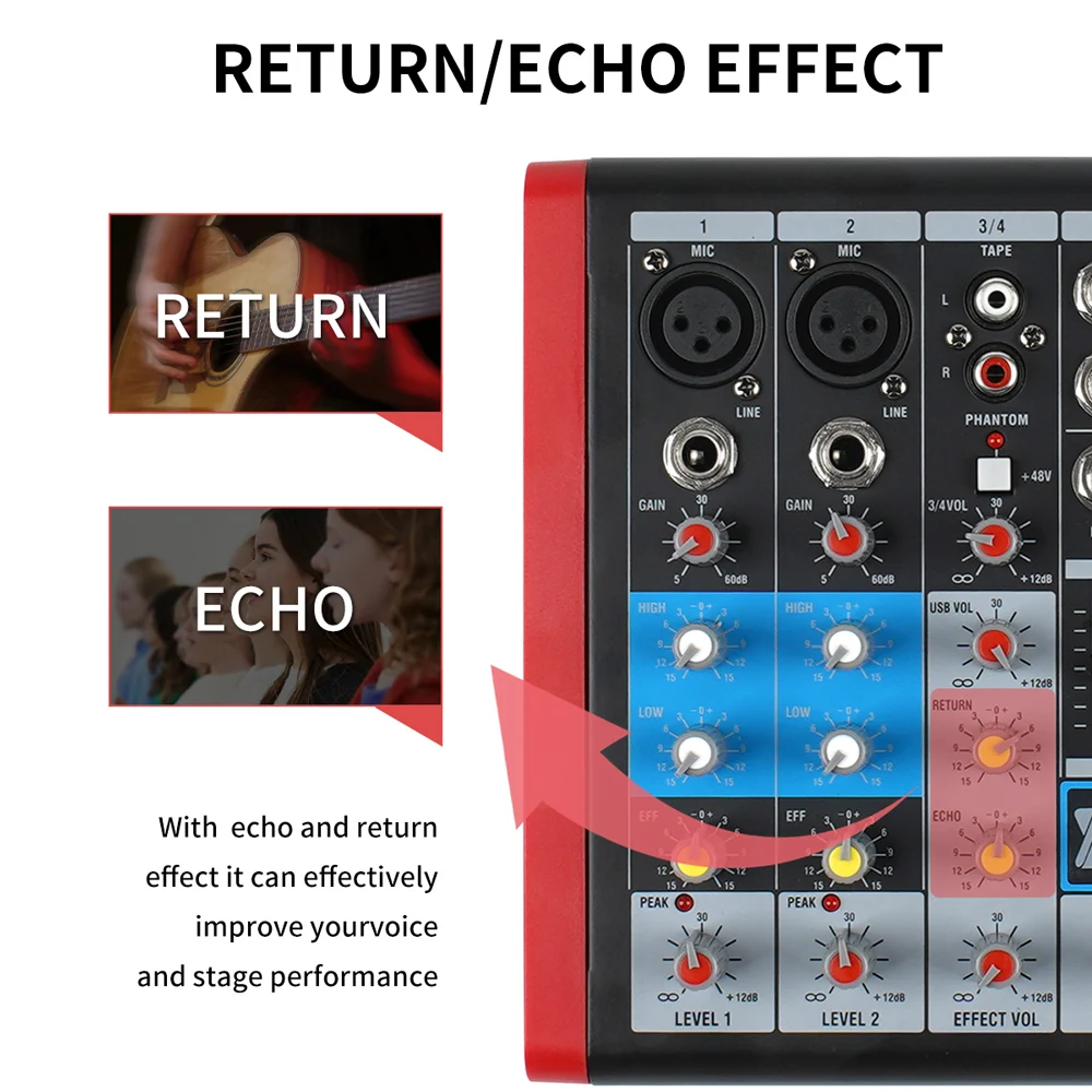 

XTUGA VP4 Professional 4 Channels Audio Mixer with Bluetooth,USB Interface,48V Phantom Power For PC Computer Phone Recording