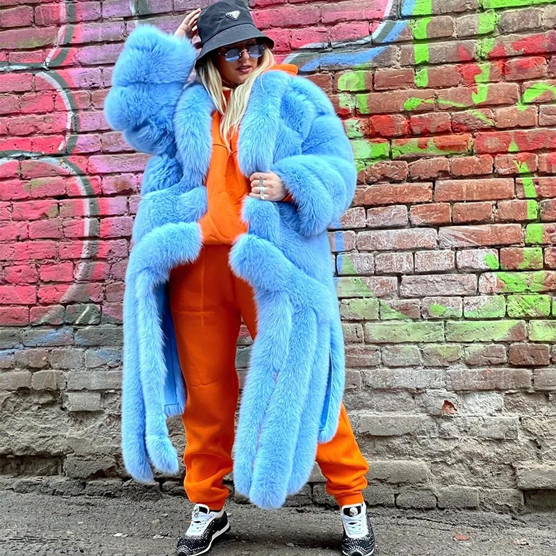 Natural Fox Fur Coat Women High Street Tassel Light Blue Outertwear Lady Winter Thicken Tide Genuine Real Fox Fur Jacket Female