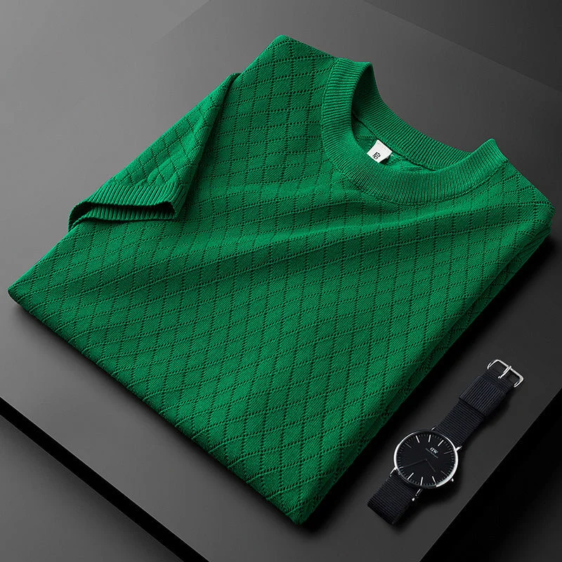 

Роскошная Вязаная мужская футболка из ледяного шелка с вырезами и коротким рукавом с круглым вырезом Высококачественная дышащая мужская летняя корейская мода