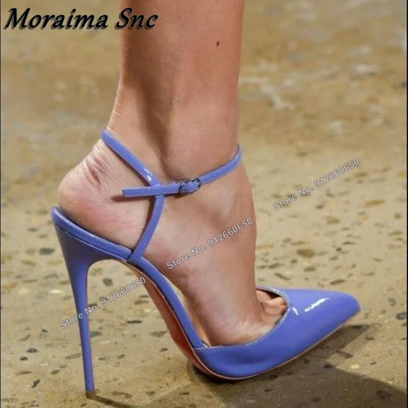 Moraima Snc Solid Patent Leather Sandals Shallow Pumps Cut Heel Pointy Toe Women High Heels Shoes Women Stilettos Heels Sandals