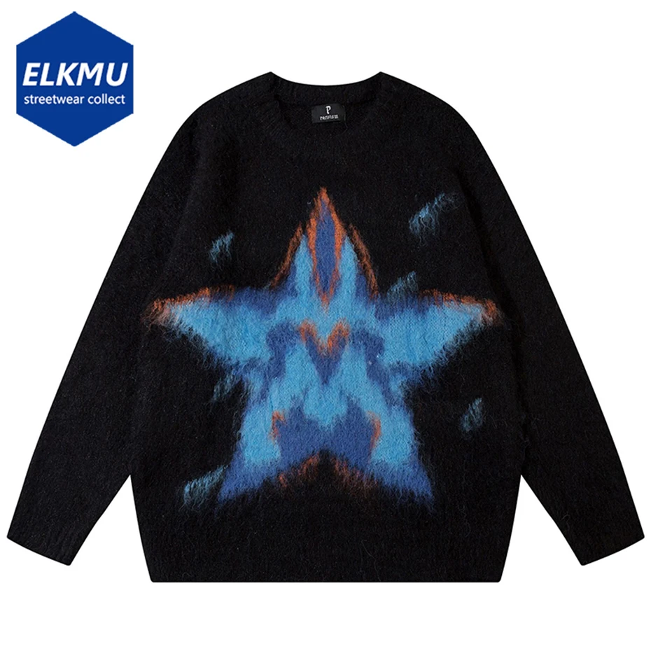 

Fluffy Mohair Sweater Star Graphic Oversized Hip Hop Sweaters Men Harajuku Loose Y2K Jumper Knitted Pullover Black Sweater Man