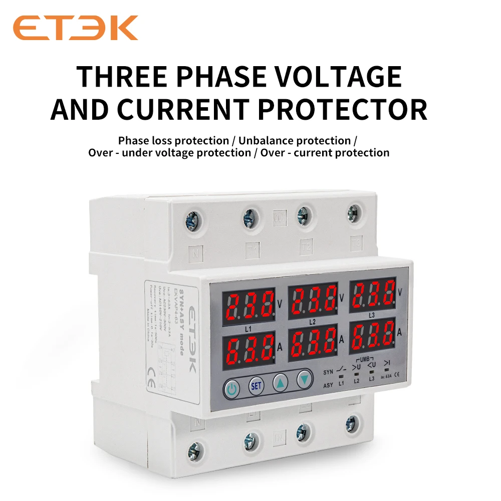 

ETEC Din-рейка Защита от ограничения тока пониженного напряжения Реле Protector3P+N 63A регулируемое EKVAP4-63