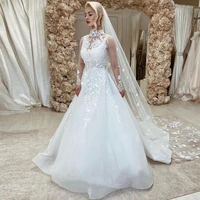 sevintage luxury wedding dresses lace appliques 3d flowers long sleeves high neck a line bridal gowns beach wedding gown