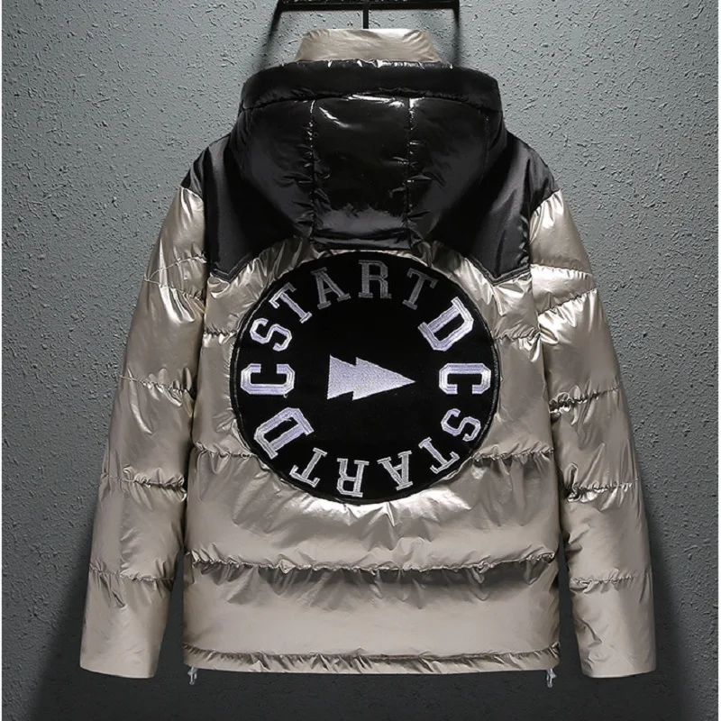 Mens Fashion Shiny Letter Embroidered Winter Warm Jacket 2022 Colorblock Removable Hooded Parkas Outdoor Sports Jackets