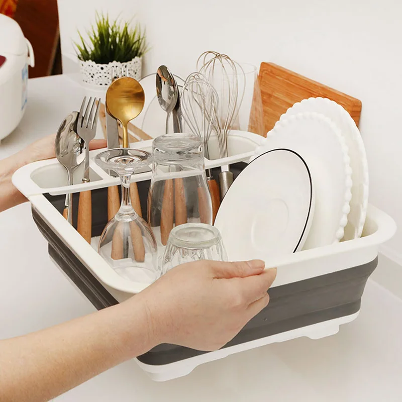 

Foldable Dish Rack Kitchen Drainer Tool Bowl Tableware Plate Storage Organizer Holder Fold Drying Home TPR Rack Shelf Portable