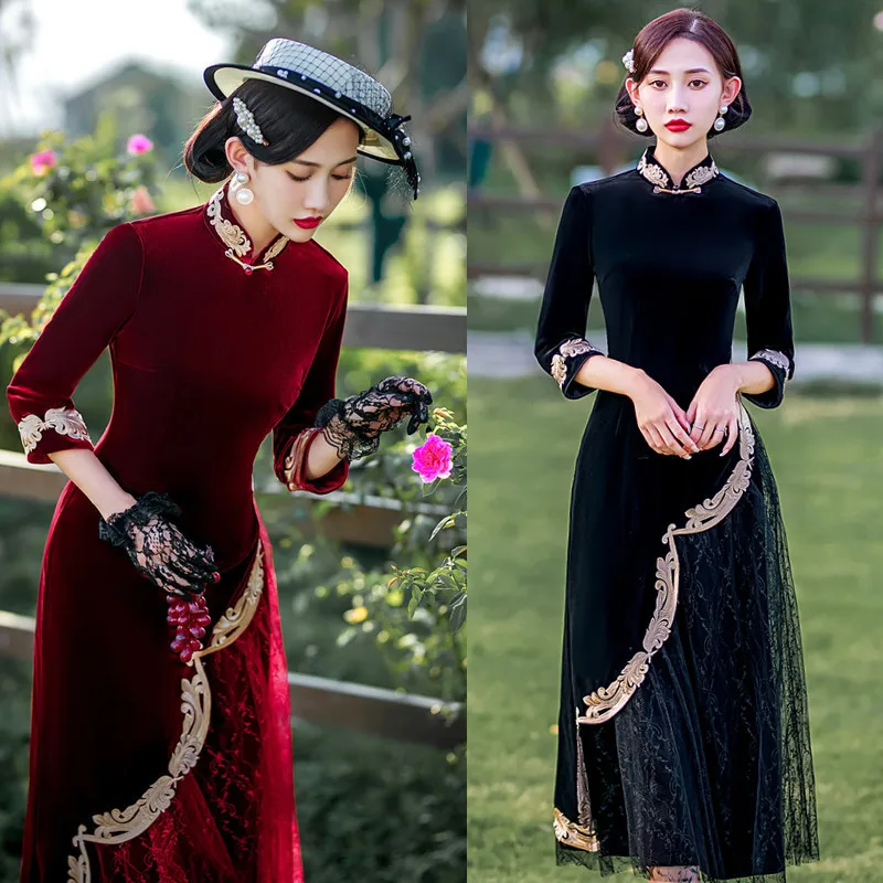 

Improved Cheongsam 2022 New Autumn Winter Young Style Elegant Chinese Dress Qipao Tang Suit Hanfu For Women Wedding Guest Party