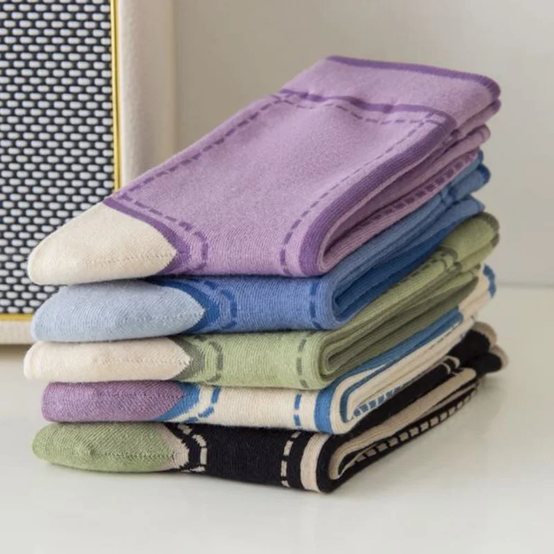 5 Pair Long Socks Woman Fashion New Women Socks Set Stitching Candy Color Autumn Winter Girl Style Cycling 35-41Size Cotton Sock