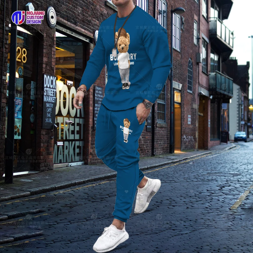 Hot Sale Korean Printed Bear Long Sleeve T-Shirt Trousers Set Men Luxury 2 Piece Set Streetwear Summer Quality Sportswear