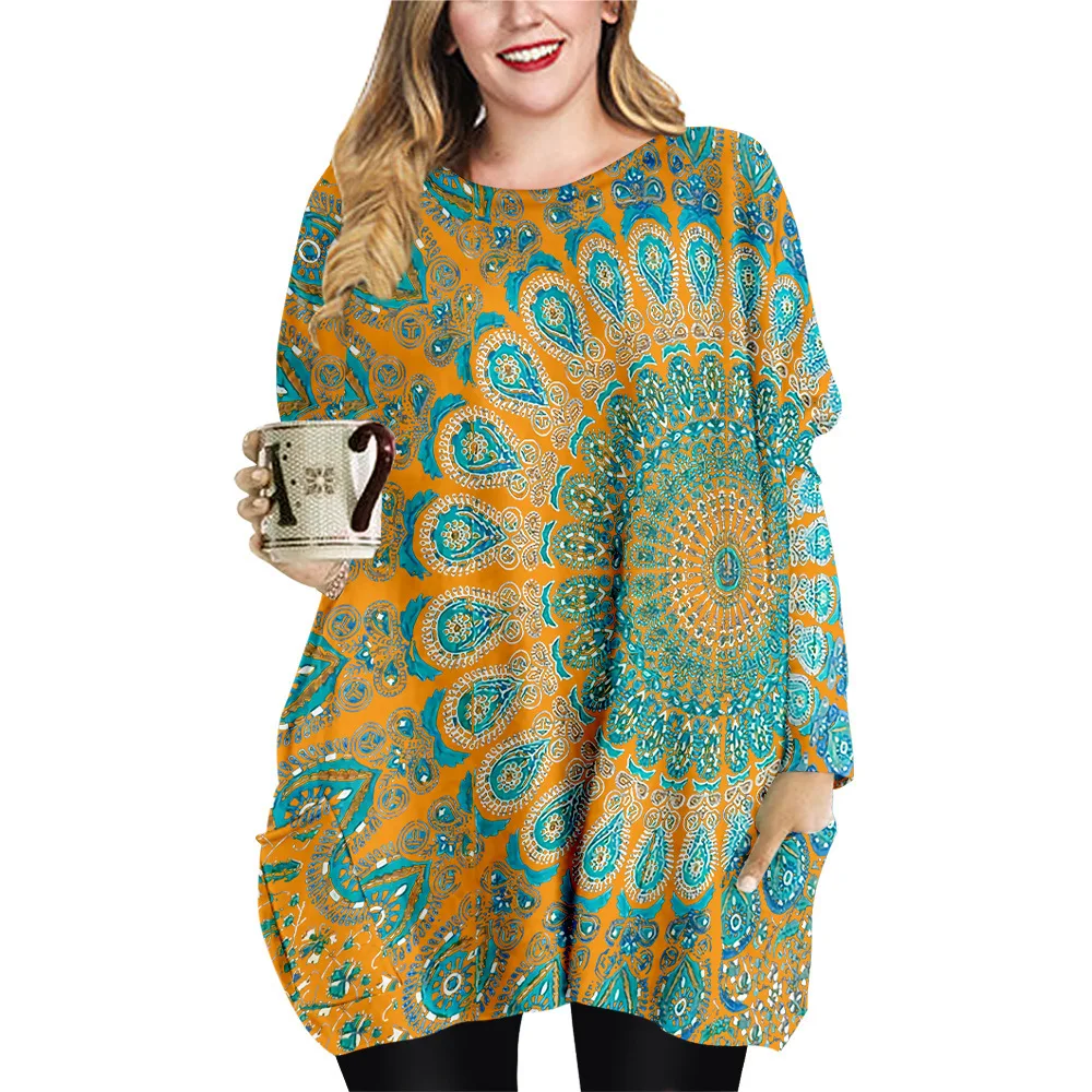 

Vintage pattern Dress O-Neck Pocket Long Tee Oversized 2021 Hot Sale Harajuku Streetwear Women Dress Plus Size Maternity Clothes