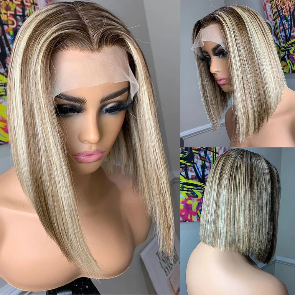 Ashy Blonde Highlight Bob Wig Straight Short Human Hair Wig Dark Roots HD 13x1 Lace Part Frontal Wig Virgin Hair 150 Pre-plucked