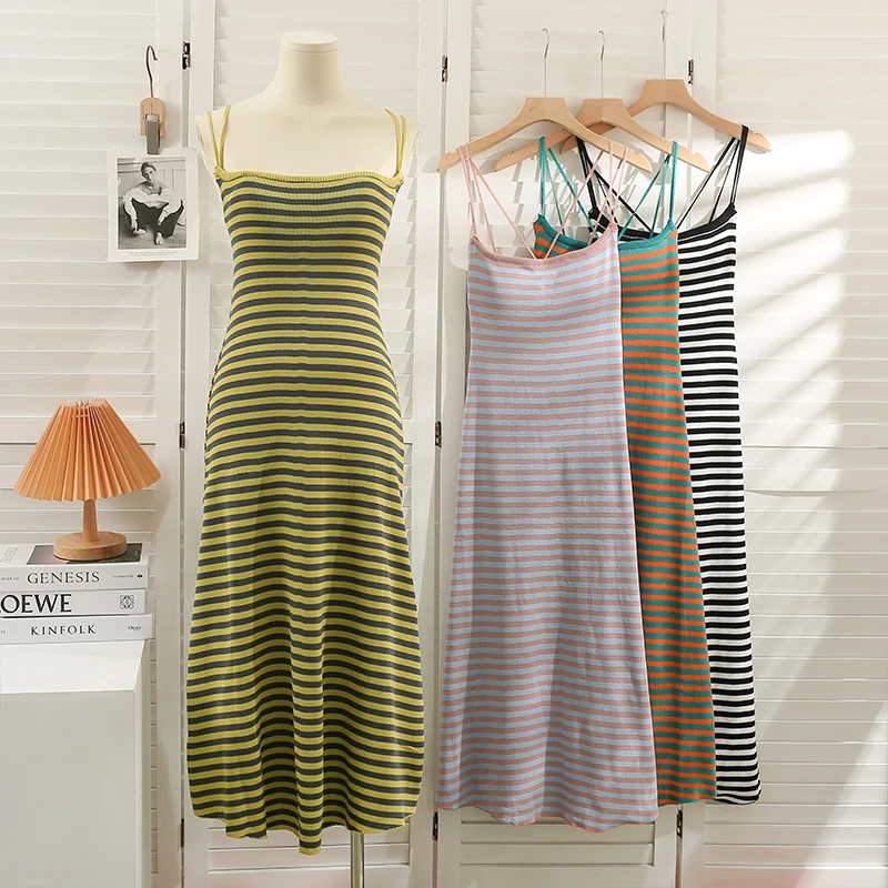 

Корейское тонкое трикотажное платье в полоску с высокой талией, женские летние платья, ТРАПЕЦИЕВИДНОЕ длинное Повседневное платье на брете...