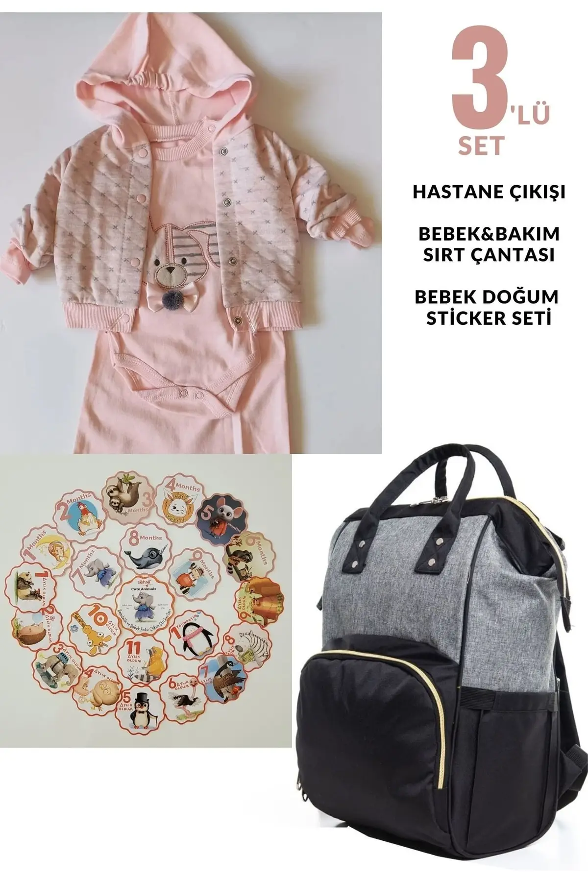 

100% хлопчатобумажный магазин для больницы, рюкзак для ухода за мамами и детьми и милые животные, комплект из 21 предмета, детский стикер, хлопок, серый