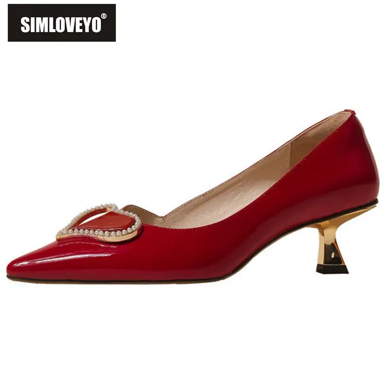 

SIMLOVEYO 2022 Full Grain Leather Women Pumps Pointed Toe Small Heels Heart Ornament Size 34-40 Solid Red Nude Sexy Spring S3658