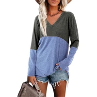 womens 2022 autumn and winter new color contrast stitching v neck long sleeved loose t shirt top women