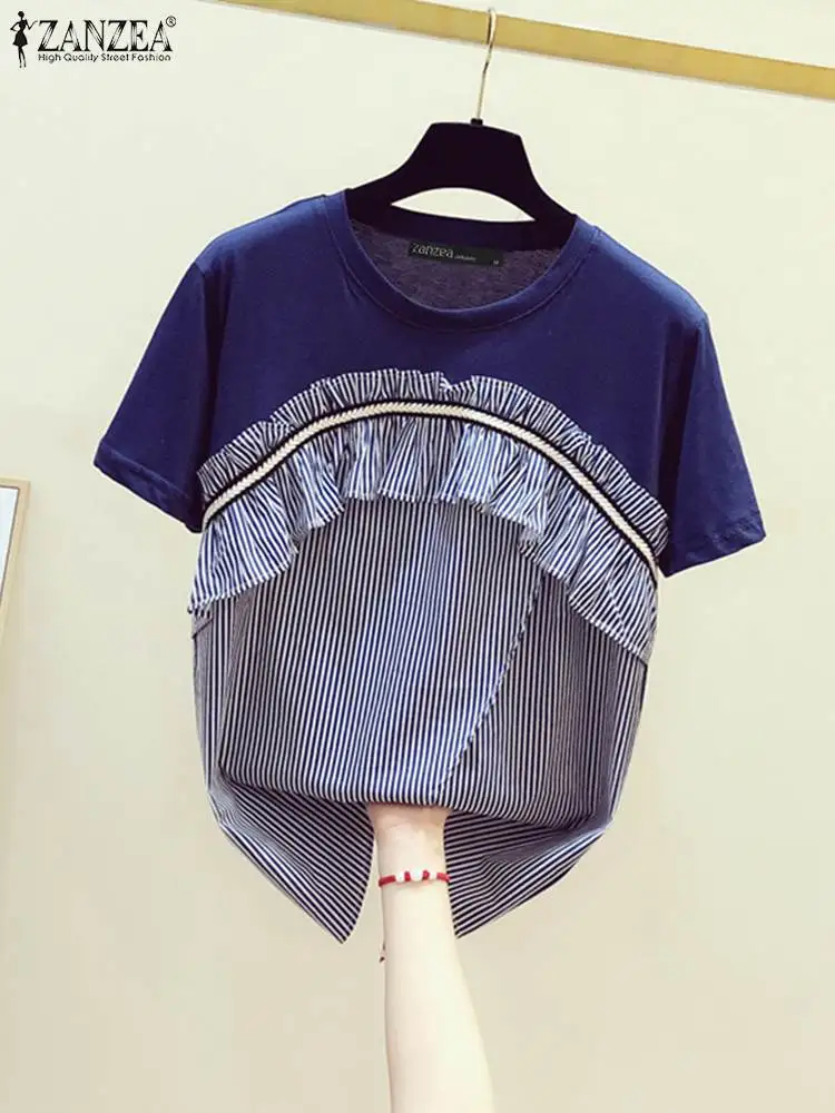 Элегантные летние рубашки ZANZEA топы женские полосатые лоскутные Футболки с