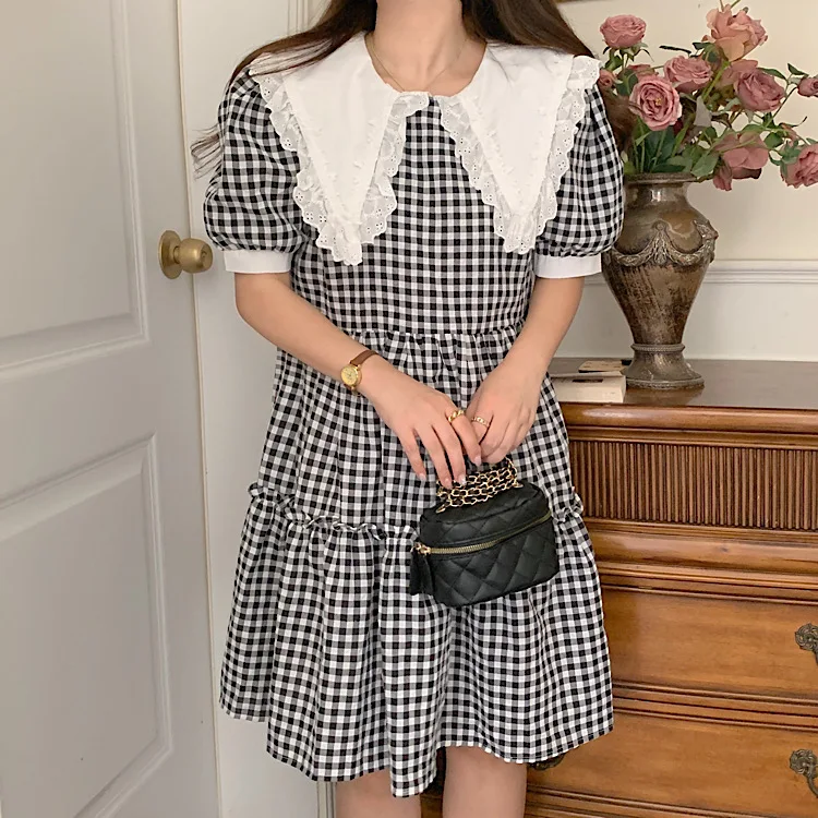 Милое летнее платье-миди в клетку с коротким рукавом модные блузки 2022 дешевая