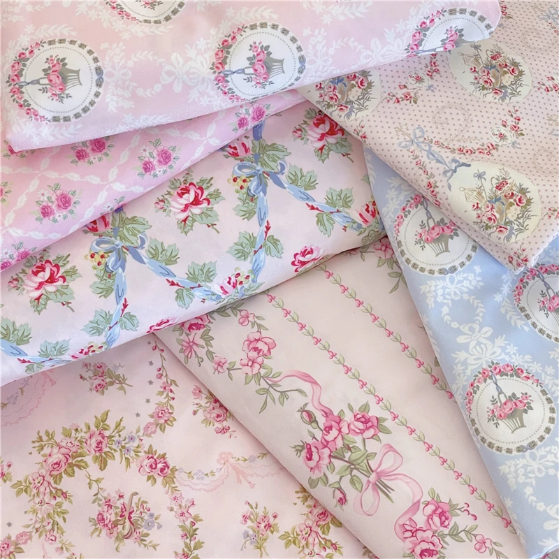 

French Retro Fabric Dye Bow Rose Floral Ribbon Pink Printed Fabric DIY Handmade Dye for Clothes Girls Pillow Sewing Fabric