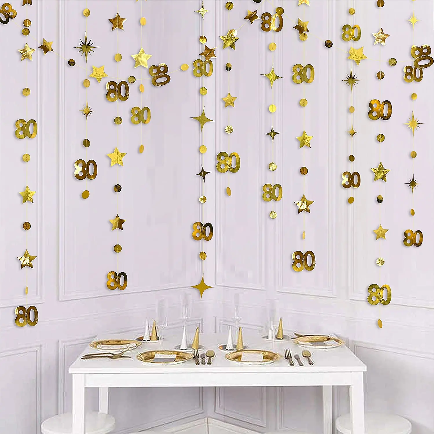 

Gold 80th Happy Birthday Banners Decorations 80th Circle Twinkle Star Garland Paper Hanging 80 Year Old Birthday Party Supplies