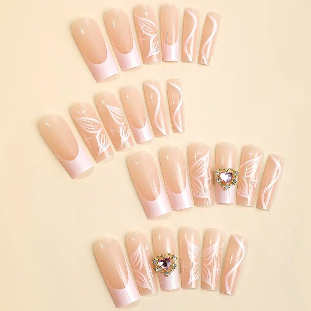 

24pcs Love Rhinestone Long Water Pipe Fake Nails Rectangle Shape Full Cover Nail Tips Long Length Diamond False Nail Girl