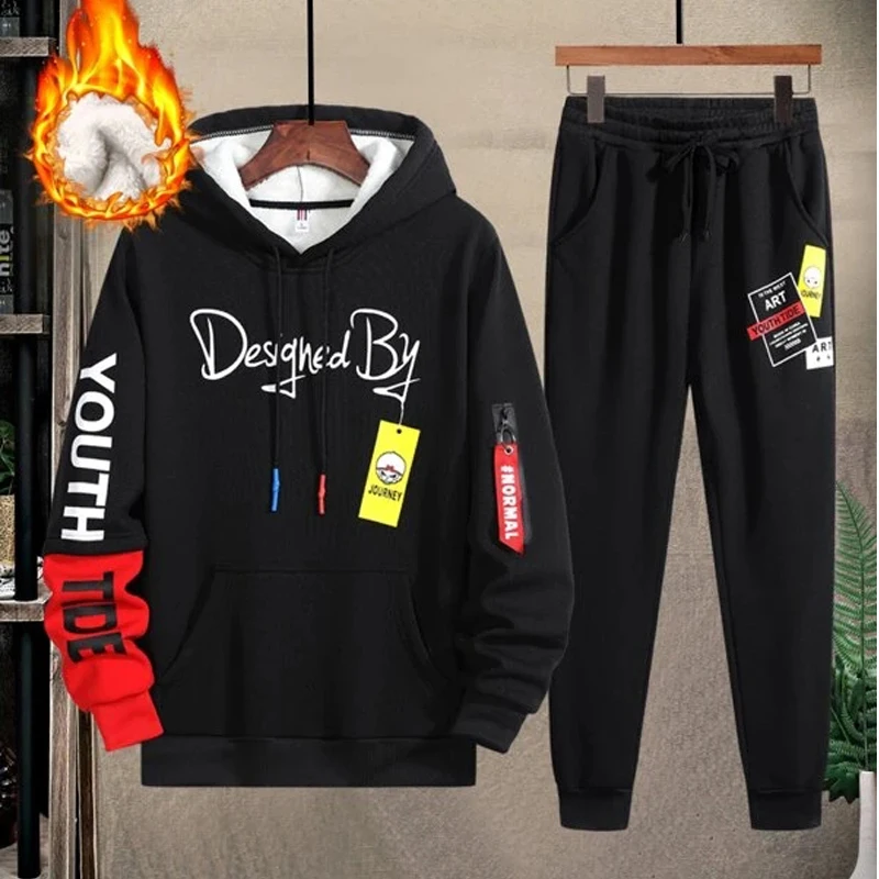

Men Letter Embroidery Kangaroo Pocket Drawstring Thermal Hoodie Sweatpants Tracksuit Men Streetwear Hip Hop Casual Sports Suits