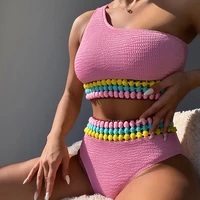 2022 new high waist swimwear with fairball pink ribbed bikini set one shoulder swimsuit wrinkled elastic bathing suit for women