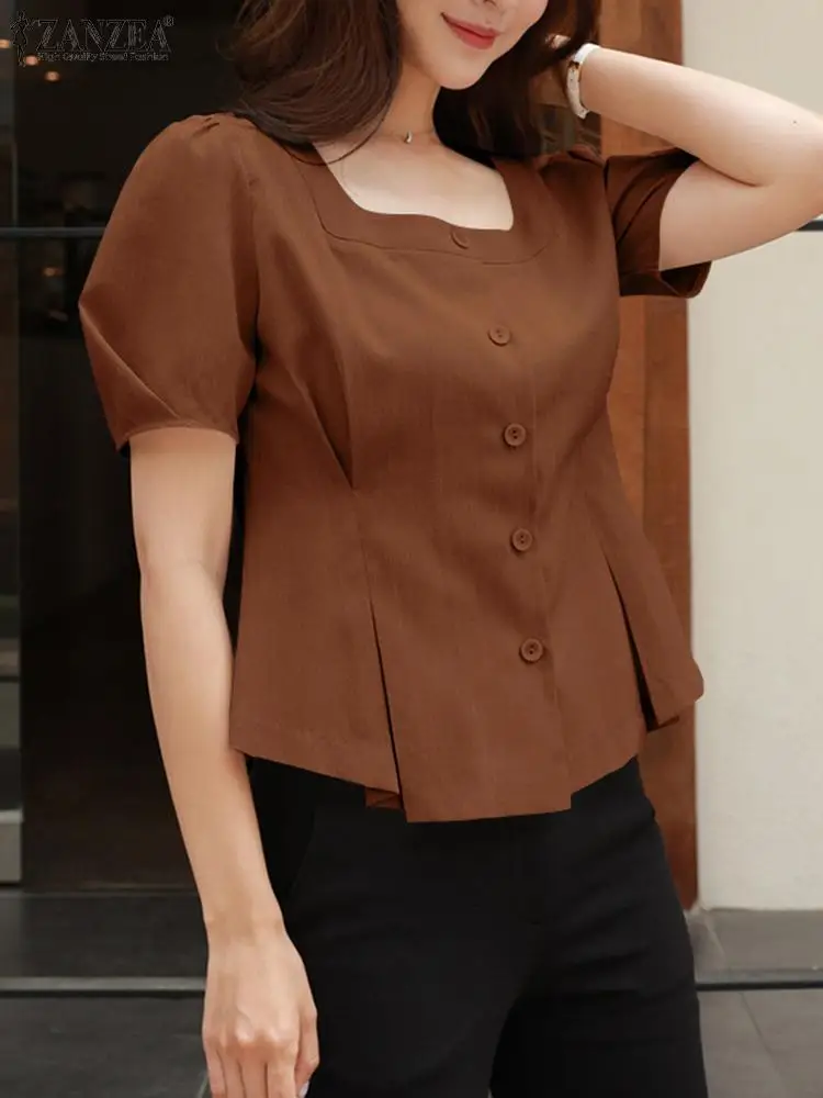 

Модные блузки ZANZEA с пышными короткими рукавами, женская летняя блузка с квадратным вырезом, праздничные плиссированные топы в Корейском ст...