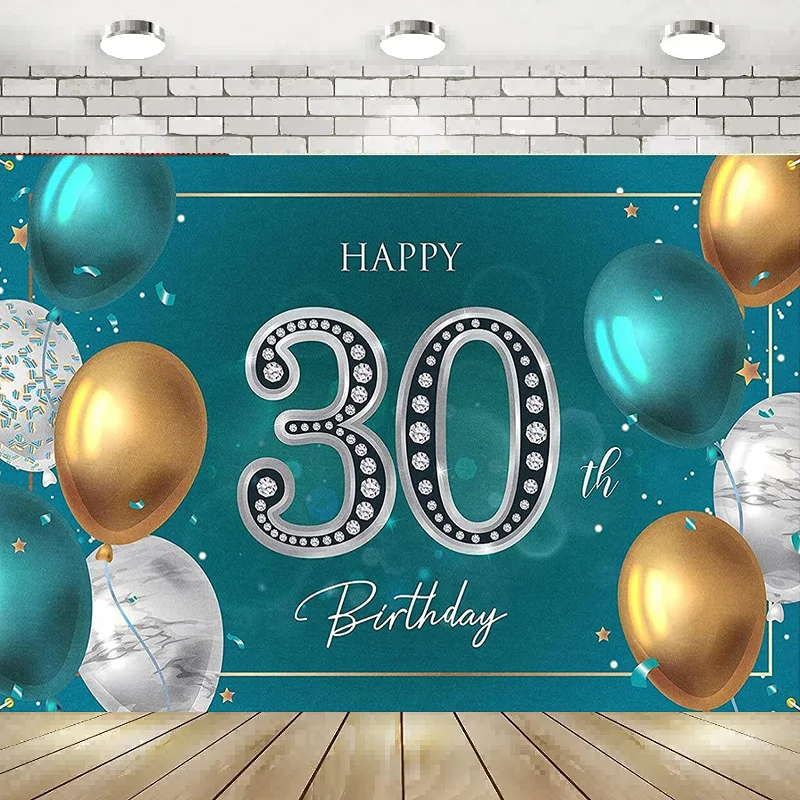 

Happy 30th Birthday Banner Backdrop Photography Decoration Party Supplie Green Silver Background Poster Party Balloon Gift Lover