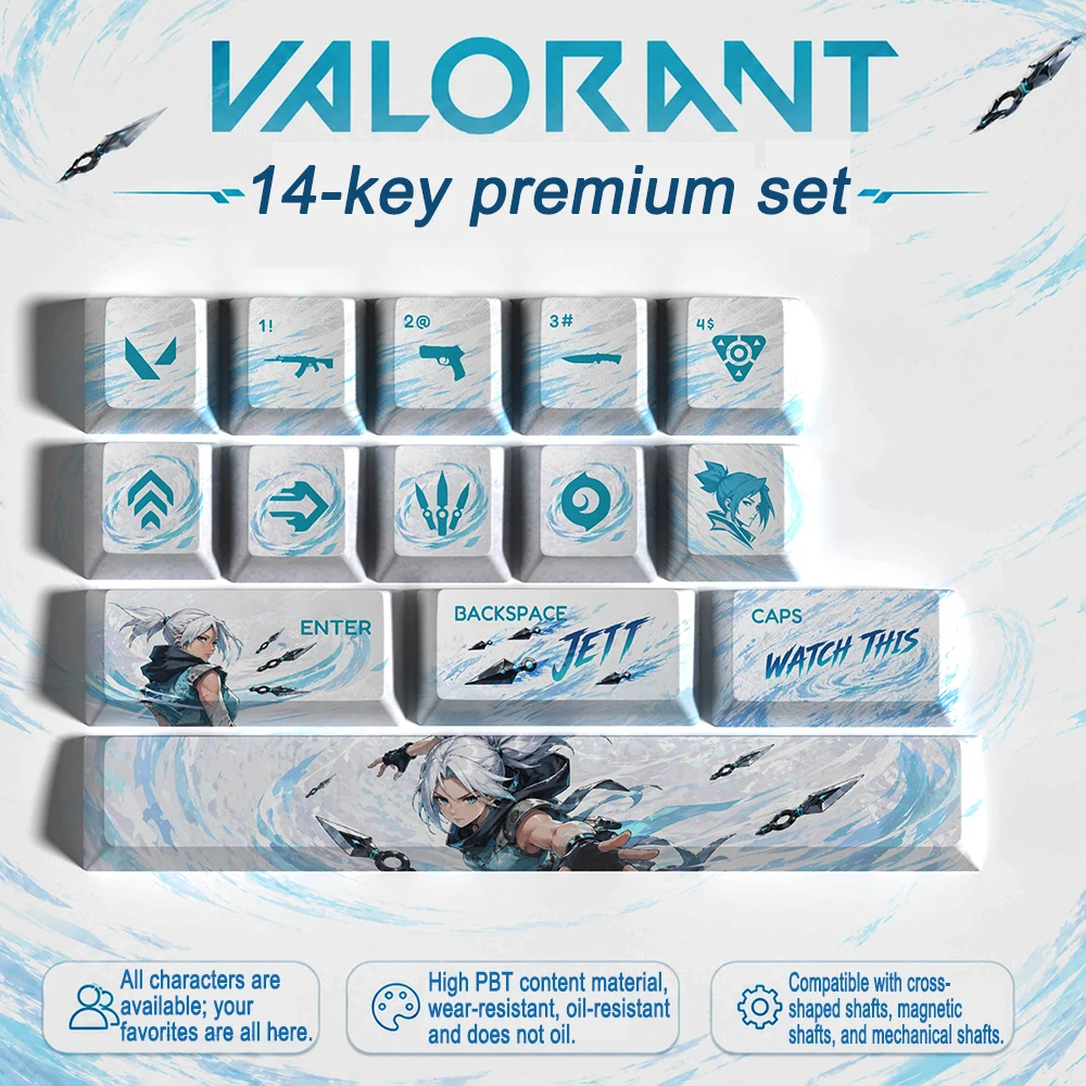 Фото 14 клавишных колпачков Valorant: Phoenix, Waylay, Veto, Viper, Brimstone, Miks. Мини-набор OEM-профиля из PBT с сублимационной печатью для переключателей MX. №2