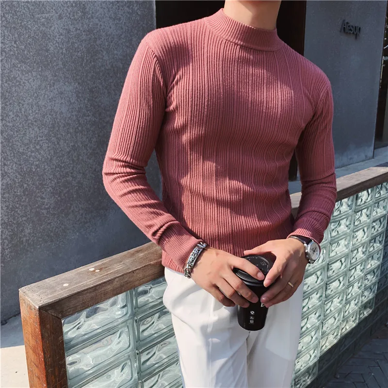 Men's Autumn Winter Half High Neck Knitted Pullover Sweater Mens Elasticity Slim Casual Solid Color Striped Long-sleeved Sweater