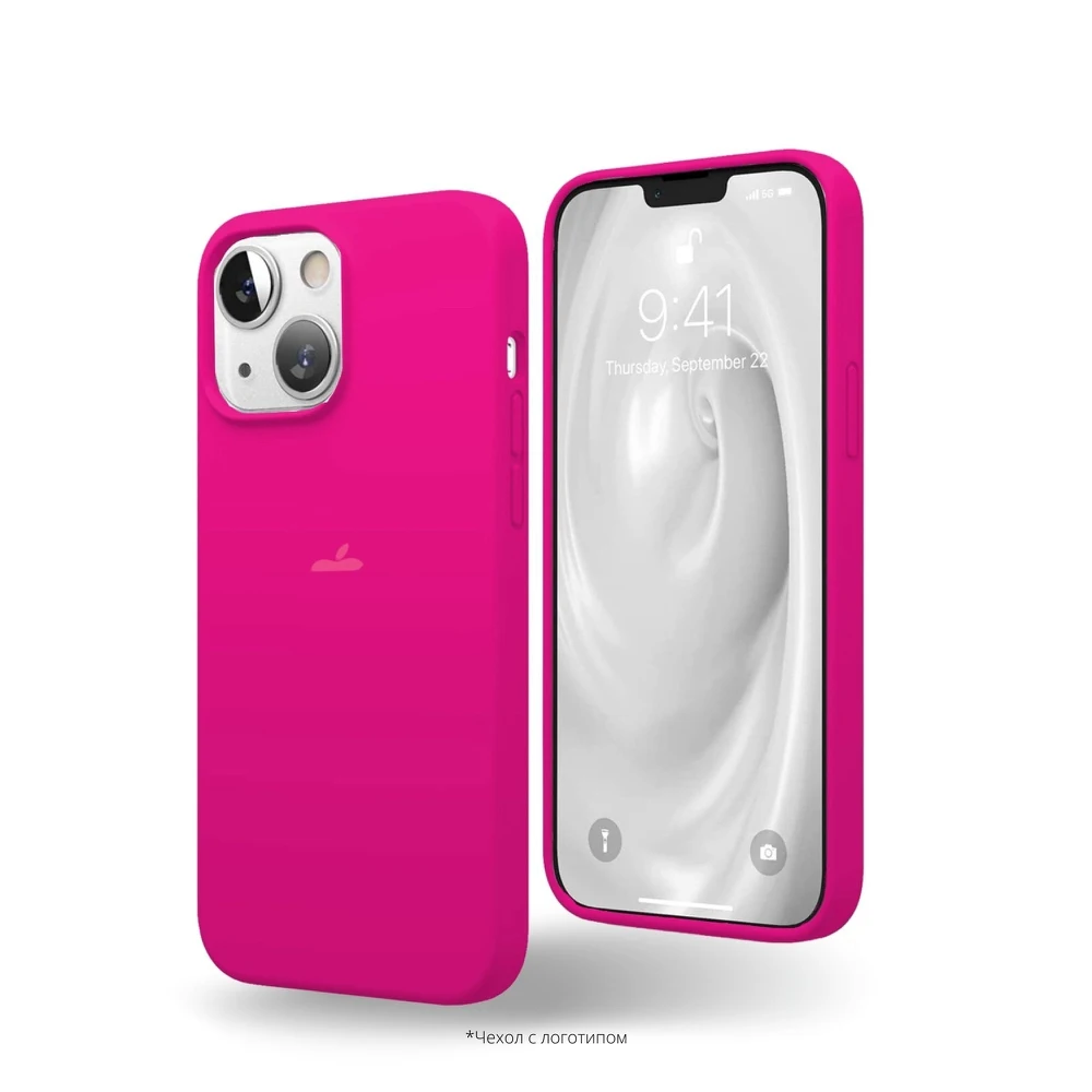 Чехол на iPhone 13 (на айфон 13) силикон ярко-розовый фуксия с логотипом |