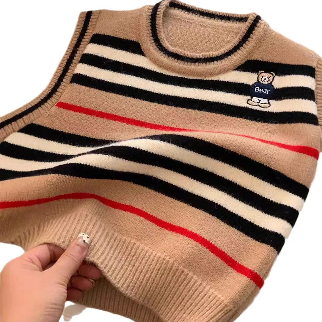 Вязаный жилет с рисунком медведя для маленьких девочек и мальчиков полосатый