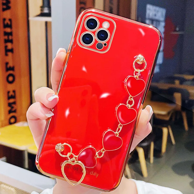For iPhone 13 12 11 Pro Max mini X XS XR XSMax 6S 7 8 Plus SE2020 Case Luxury Plating Love Bracelet Wrist Chian Strap soft Cover