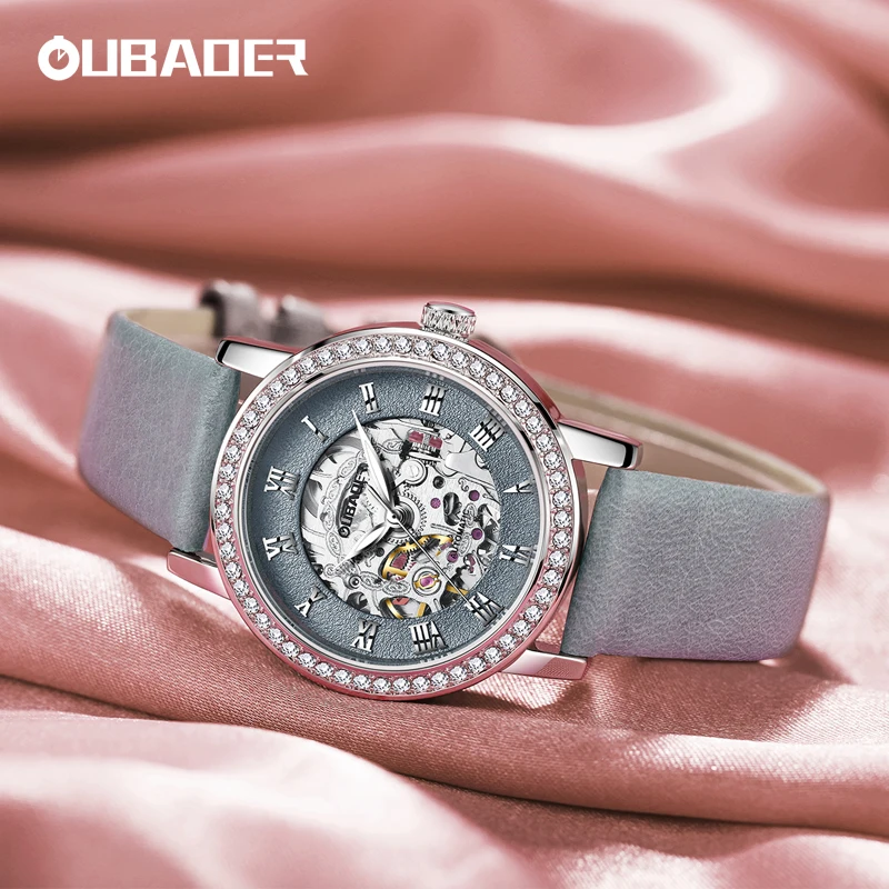 Фото Часы-скелетоны OUBAOER женские Автоматические, модные повседневные Роскошные Механические наручные, с кожаным ремешком №1