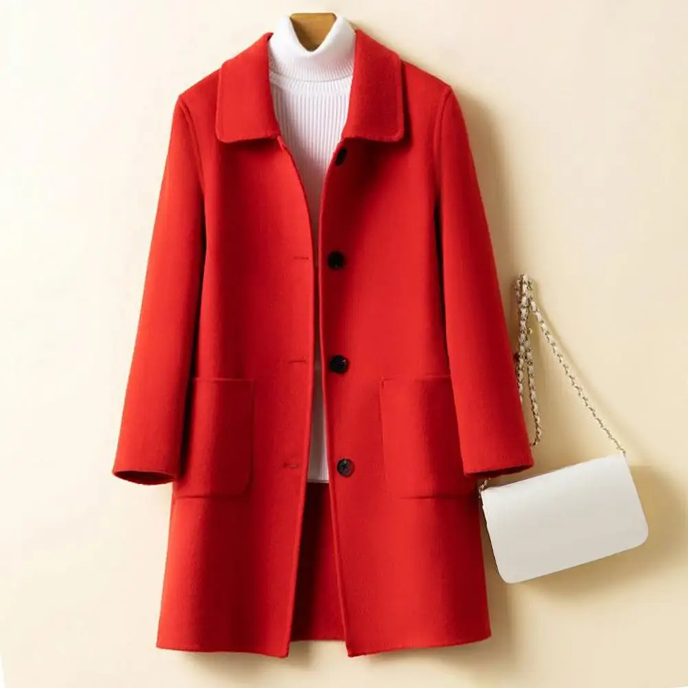 

Pockets Windproof Coldproof Women Winter Mid-Length Buttons Double-sided Woolen Jacket Coat Winter Coat Daily Clothing