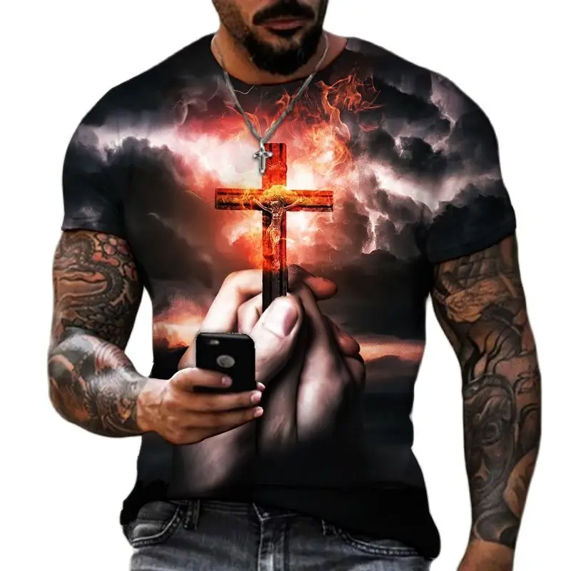 

Fashion New Summer Men's T-Shirt God Religion Christ Jesus Cross 3D Hip Hop Short Sleeve Street O-Neck Oversized Vintage T Shirt