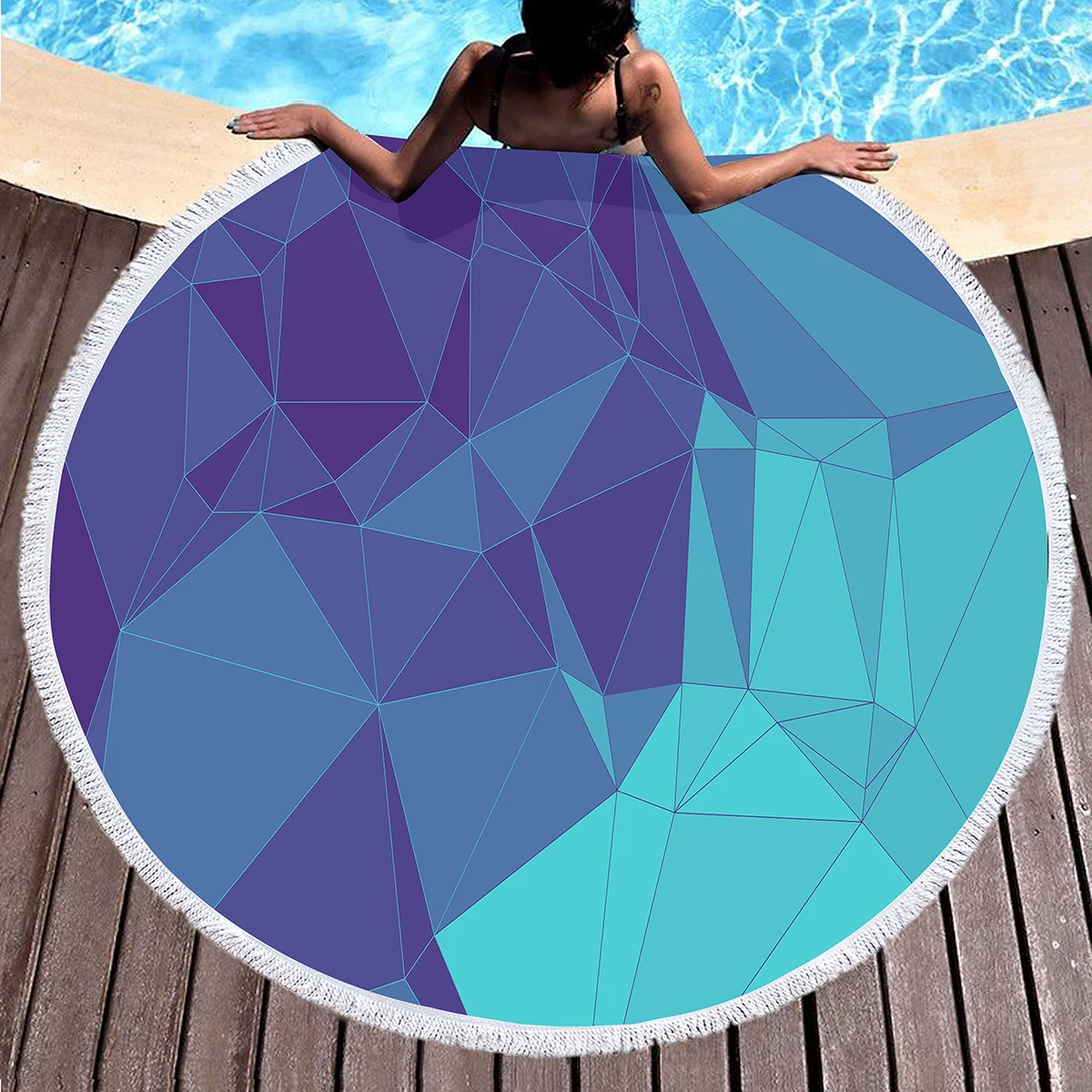 

Круглое пляжное полотенце, современный простой темно-синий геометрический квадратный узор, уличный коврик для пикника, быстросохнущее пляжное одеяло