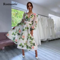 romantic white organza pastrol prom gowns puff sleeves with printed flower white belt short evening dress vestido de festa 2022