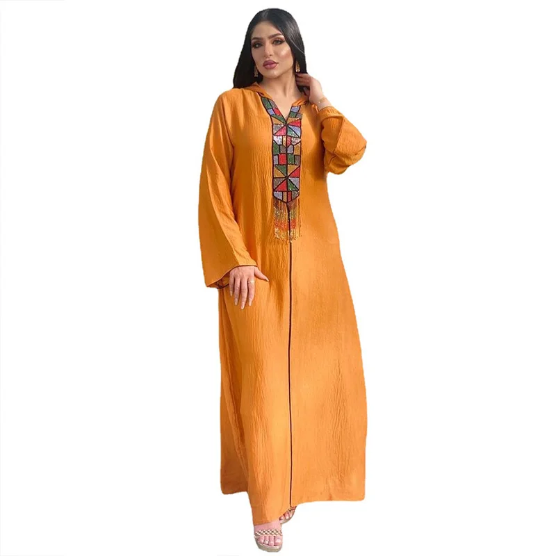 Middle East Muslim Women's Diamond Tassel Hooded Arab Robe Abaya Dubai Jalabia Dress Robe Femme Musulmane Abayas For Women