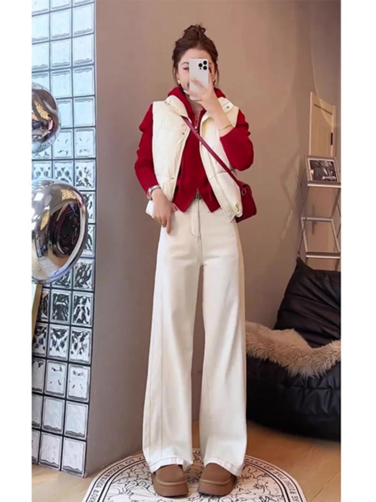 Winter Matching A Complete Set 2024 New Hood Sweater Thick Warm Vest Women Jeans Three-Piece