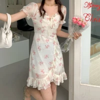 niggeey vintage floral dress women lace puff sleeve casual chiffon fairy dress one piece ladies korean dress ruffle vestido